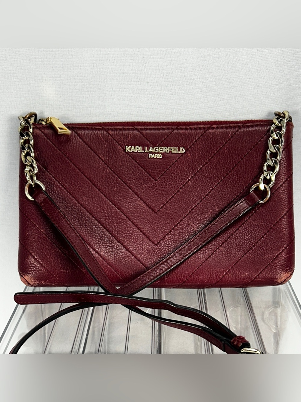 Karl Lagerfeld Burgundy V-Quilted Crossbody with Gold Hardware